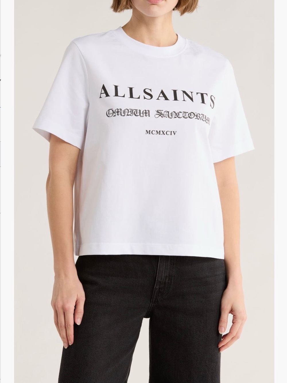 AllSaints White Logo Short Sleeve Tee with Black Script